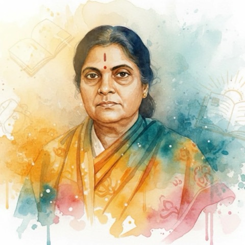 Watercolour-style illustrated portrait of Durgabai Deshmukh.